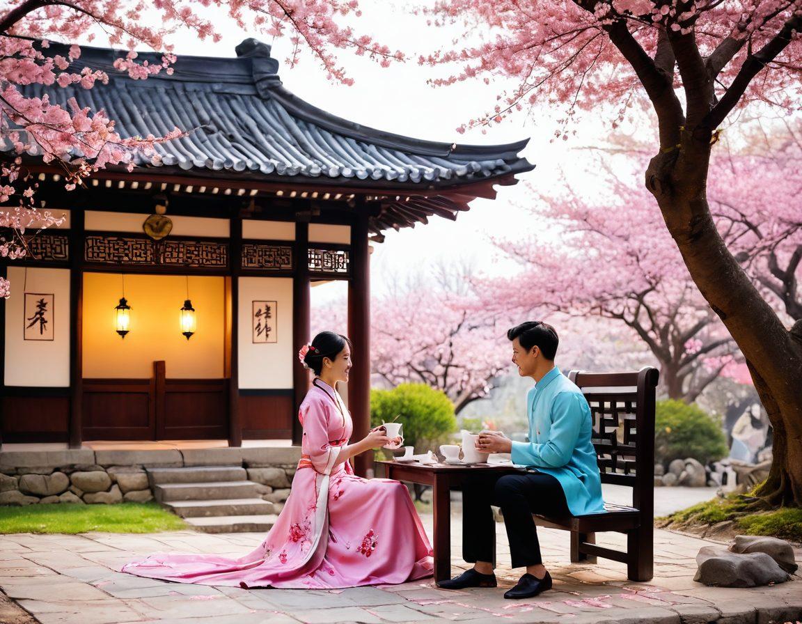 A romantic scene depicting a couple enjoying a serene moment under cherry blossom trees, with soft pink petals falling around them. The background showcases traditional Asian architecture, and they are sharing a sweet laugh over a cup of tea. Include subtle symbols of love, such as hearts and lanterns, in the foreground. The atmosphere is warm and inviting, reflecting the enchanting essence of Asian romance. vibrant colors. super-realistic.