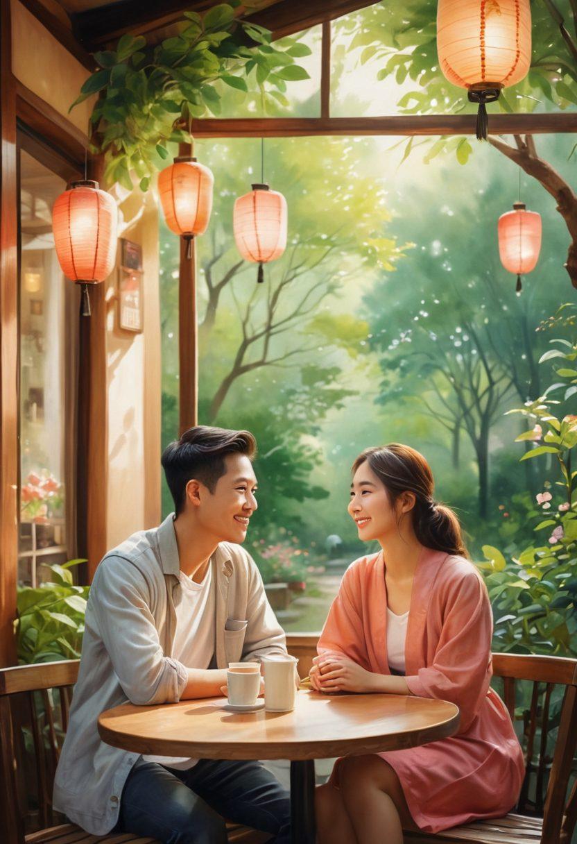 A warm scene depicting two diverse Asian individuals sitting in a cozy cafe, sharing a deep conversation, surrounded by lush greenery and soft lighting. Include elements of cultural symbols subtly integrated in the background, such as lanterns or cherry blossoms, to emphasize the Asian dating community. Capture an atmosphere of friendship evolving into intimacy, with soft smiles and meaningful gestures. watercolor painting. warm tones. soft focus.